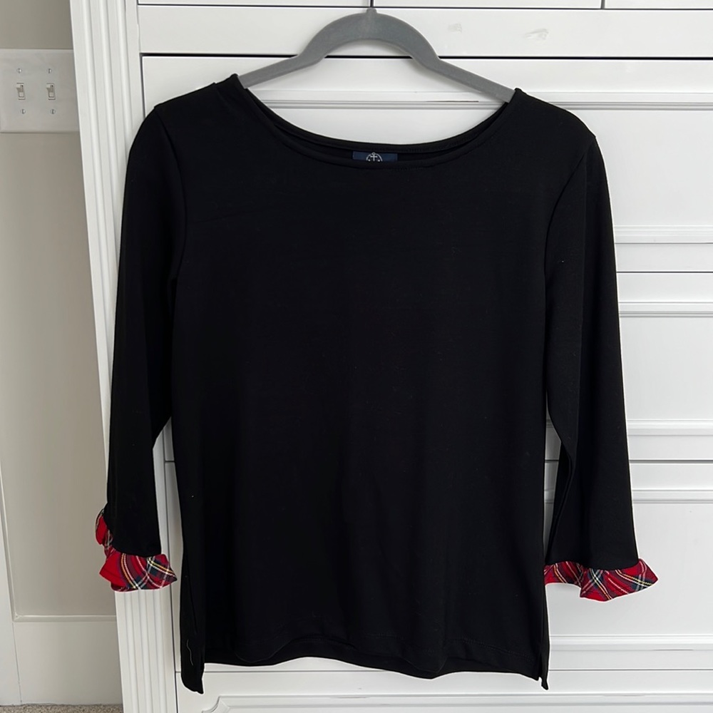 Sailor-Sailor Black Top with Plaid Ruffle Sleeve Detail Sz Small